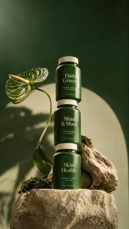 stacked supplement bottles personal care product photo: Three dark green supplement bottles are stacked among moss, stone, and glossy leaves against a deep gre…