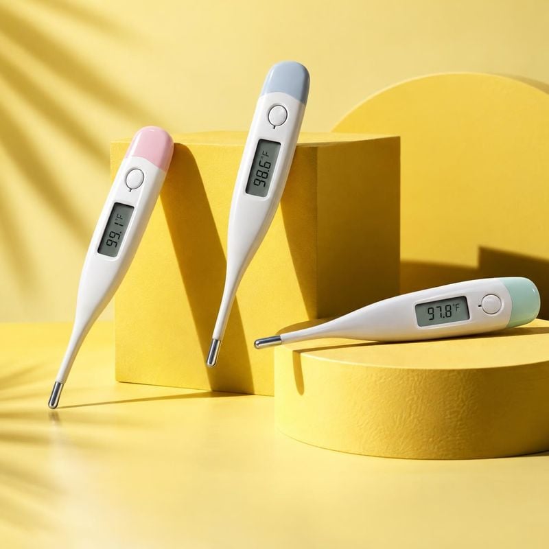 digital thermometers group lineup product photo: Three white digital thermometers with pastel-colored caps are arranged on yellow geometric plinths in bright s…