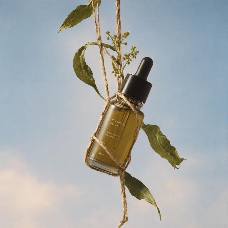 botanical serum ingredients product photo: An amber botanical serum bottle hangs among leafy stems against a pale blue sky, lit softly for a natural, airy mood.