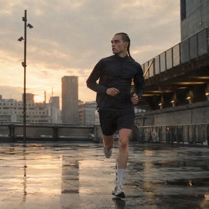 running apparel action & motion product photo: A runner in dark athletic clothing moves across a rain-slick urban rooftop at sunset, with warm reflections and…