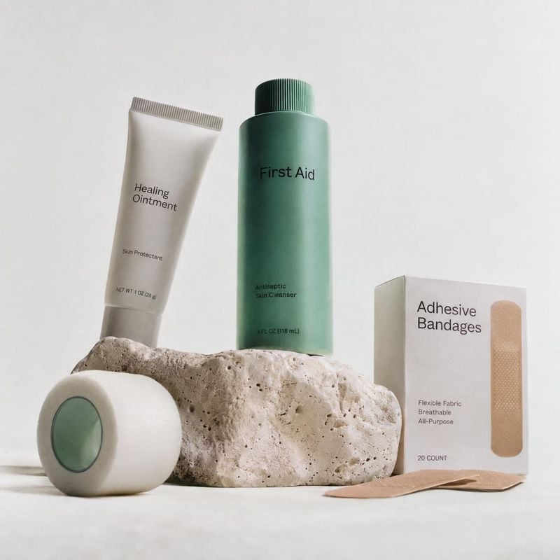 first-aid care products group lineup product photo: A tube of healing ointment, green antiseptic cleanser, bandages and gauze are arranged on pale stone agains…