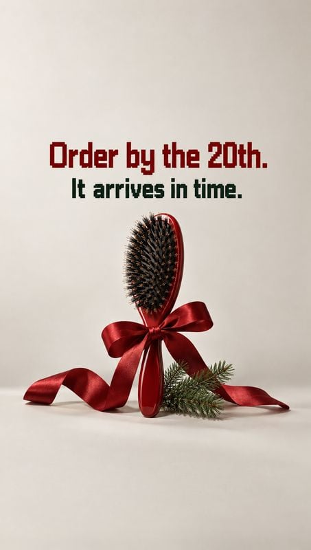 hairbrush christmas product photo: A red hairbrush tied with a glossy crimson ribbon and evergreen sprig sits on a pale studio surface beneath bold delivery-de…