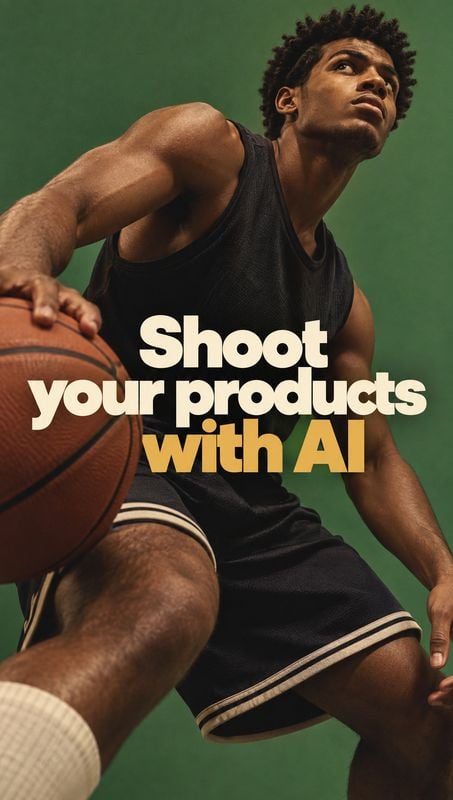 basketball action & motion product photo: A male basketball player in a black uniform leans forward with a basketball against a deep green studio backdrop, ove…