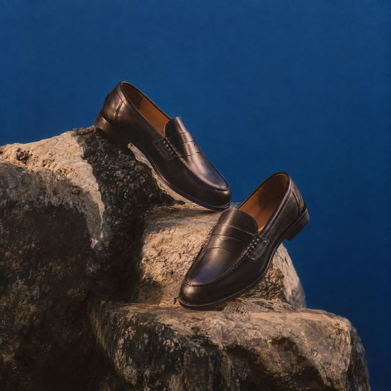 leather loafers fashion product photo: Two polished dark leather loafers are arranged on rugged rocks against a deep blue backdrop, with directional warm light…