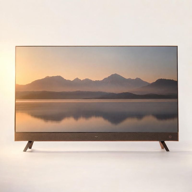 television electronics product photo: A slim television stands against a clean, warm-white studio background, displaying a mountain lake at sunset in a calm, p…