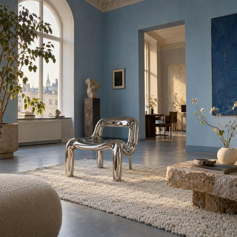 chrome chair room set product photo: A sculptural chrome chair sits on a plush rug in a refined blue-walled interior, with soft daylight from a tall arched win…