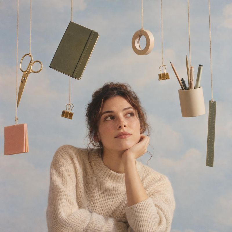 stationery and writing supplies stationery product photo: A woman in a soft cream sweater gazes thoughtfully among suspended stationery against a muted sky-lik…