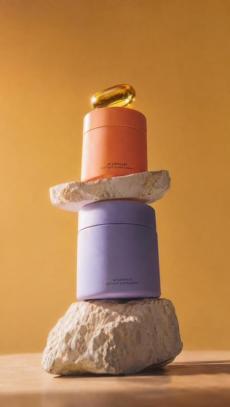 supplement capsules personal care product photo: Two pastel supplement containers and a golden capsule are stacked on sculptural stone blocks against a warm am…