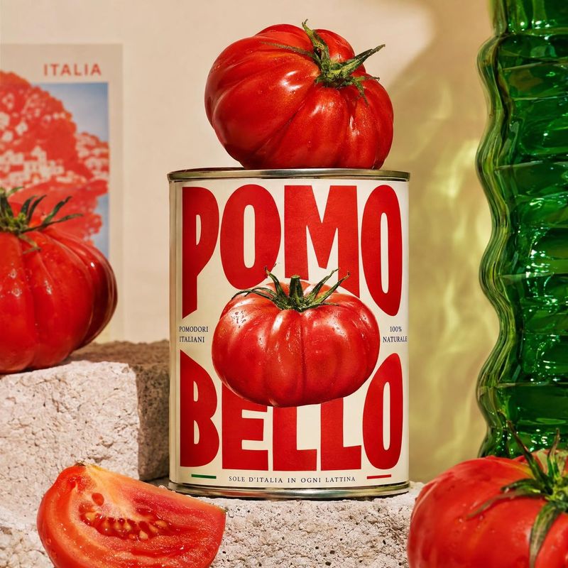 canned tomatoes ingredients product photo: A tomato can topped with a ripe tomato is arranged among whole and cut tomatoes on a textured stone surface, with wa…