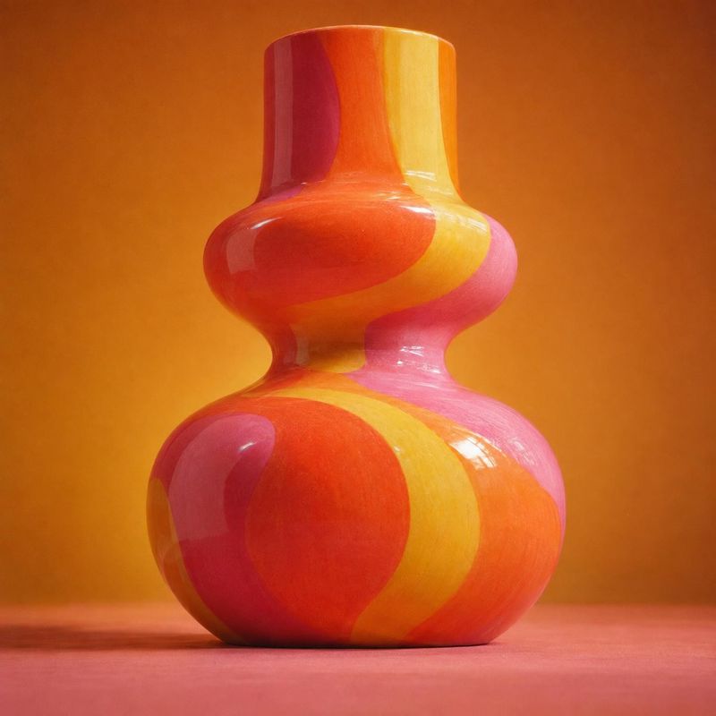 decorative vase home product photo: A glossy sculptural vase with bold pink, orange, and yellow bands stands against a warm orange studio backdrop, lit to emph…