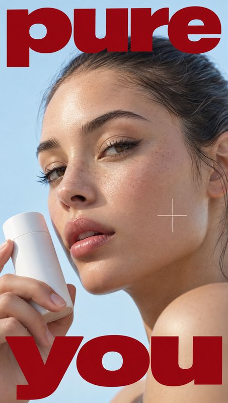 white skincare bottle beauty close-up product photo: A close-up beauty portrait shows a woman holding a white skincare bottle against a pale blue sky, with ove…