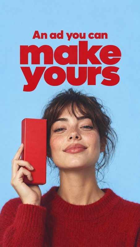 red book product in hand product photo: A woman in a red sweater holds a plain red book beside her face against a bright blue studio backdrop, with bold red he…