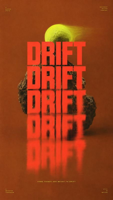 posters product photo: A glowing yellow-green sphere hovers above a dark, rugged rock against a rust-red background, while oversized red “DRIFT” lettering and…