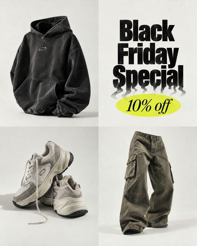 hoodie, sneakers and cargo pants ghost mannequin product photo: A black hoodie, pale sneakers and olive cargo pants are arranged against a light studio backdro…