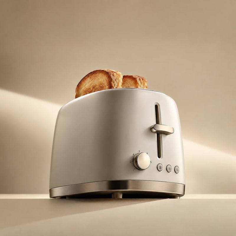 toaster home product photo: A sleek ivory toaster with two golden slices of toast is staged against a warm beige backdrop, with directional sunlight creating a…