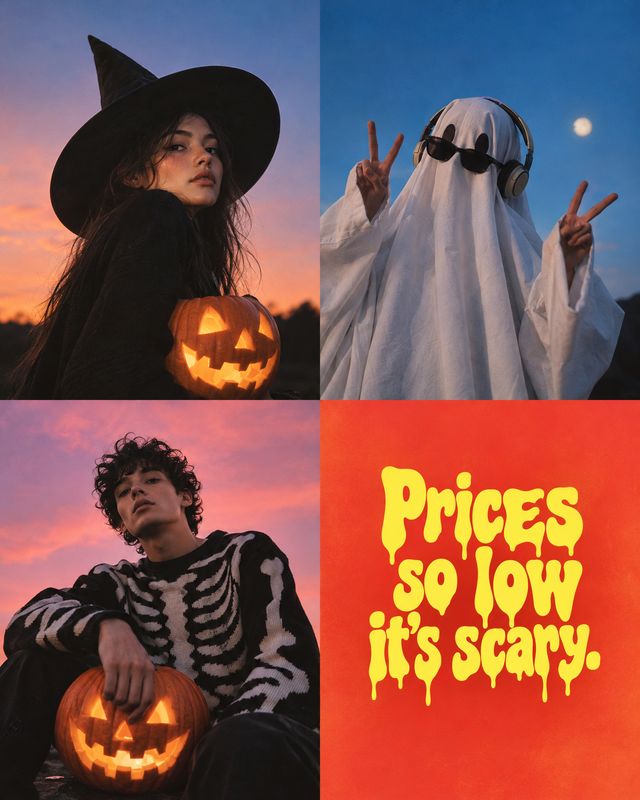 fashion apparel halloween product photo: A Halloween-themed four-panel campaign pairs costumed young adults holding glowing jack-o’-lanterns at dusk with bold…