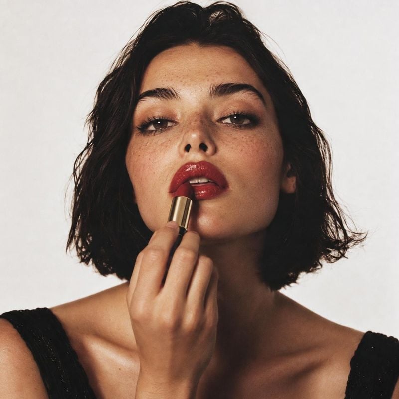 lipstick beauty close-up product photo: A woman applies deep red lipstick in a tightly framed beauty portrait against a pale studio background, with soft direc…