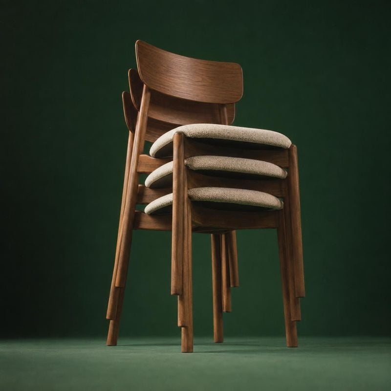 wooden dining chairs group lineup product photo: Several walnut-toned wooden dining chairs with light upholstered seats are stacked together against a deep gre…