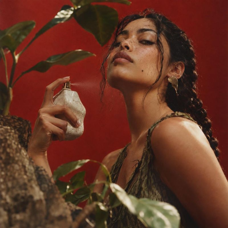 perfume beauty close-up product photo: A woman holds a sculptural perfume bottle near her face against a rich red backdrop with leafy plants, lit warmly for a…