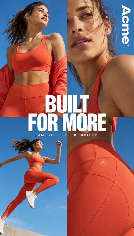 activewear set on-body detail product photo: A woman models a vivid orange sports bra and leggings in a multi-panel outdoor campaign against a bright blue sky,…