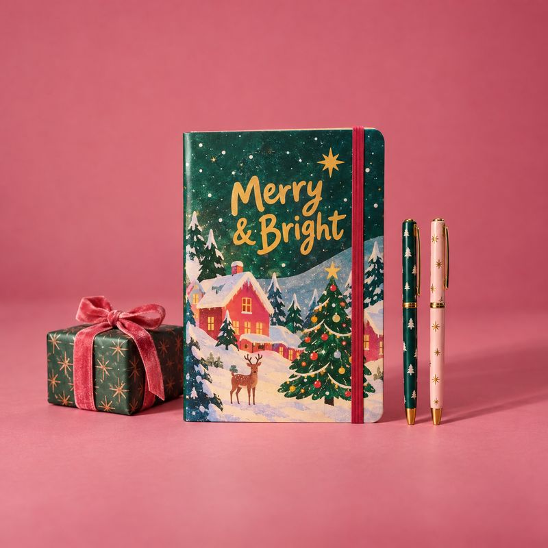 Christmas notebook and pen set christmas product photo: A festive illustrated notebook, two matching pens and a wrapped gift are arranged against a pink studio…