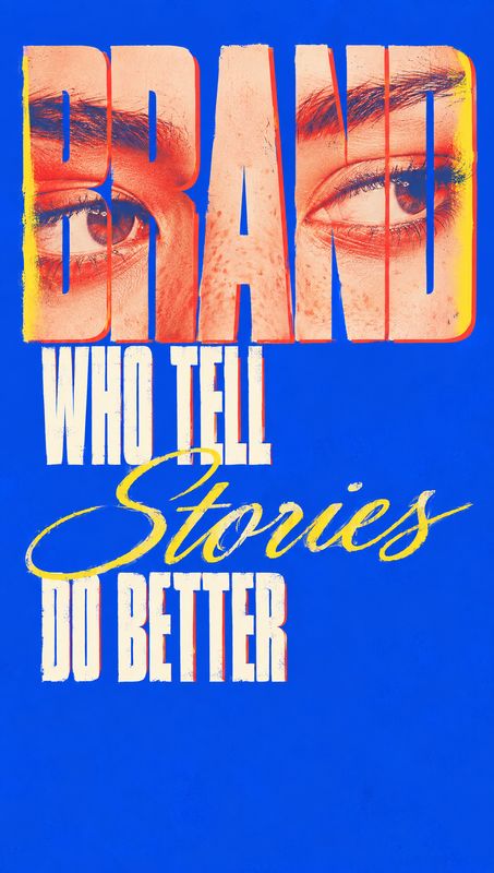 posters product photo: A bold cobalt-blue typographic poster layers oversized cream lettering and yellow script over a close crop of a woman’s eyes, with a viv…