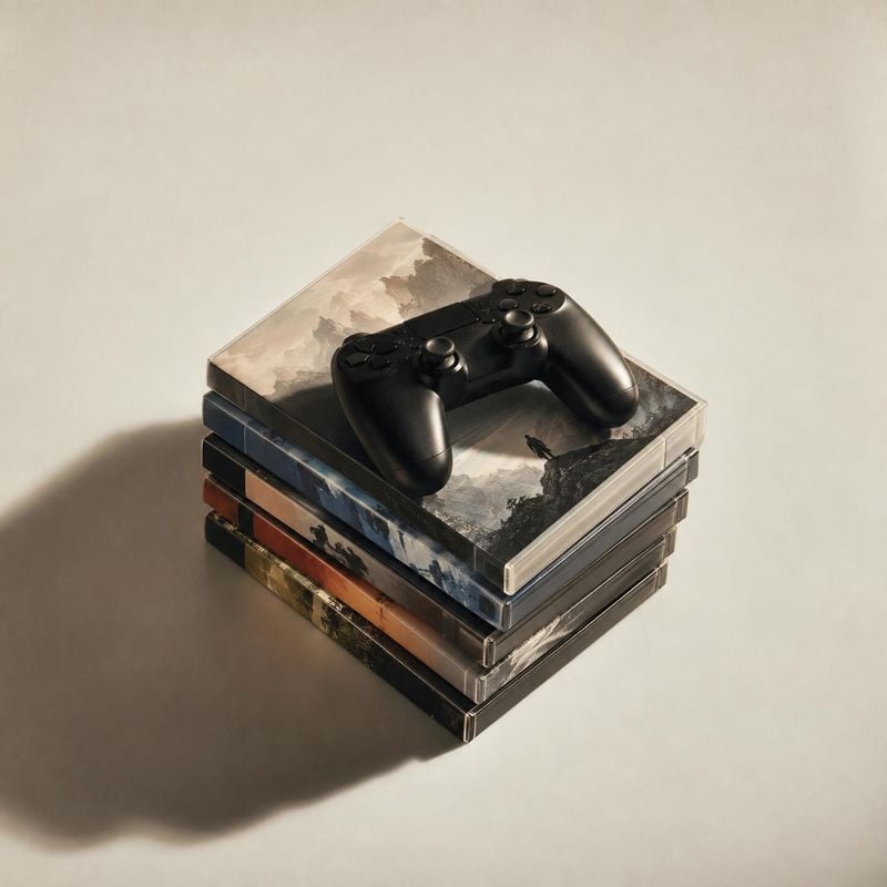 game controller and video game cases electronics product photo: A black game controller rests on a neat stack of illustrated game cases against a warm, pale st…