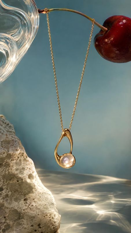 gold necklace with pearl pendant jewelry product photo: A delicate gold necklace with a pearl pendant hangs in a sculptural arrangement above rippling water, f…