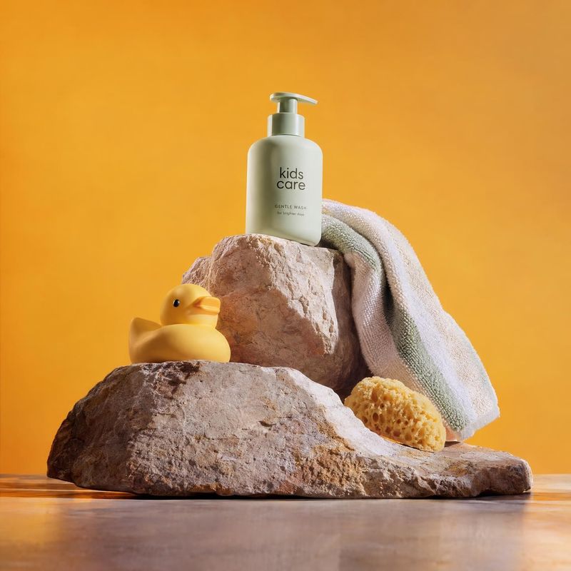 kids gentle wash personal care product photo: A pump bottle of kids’ gentle wash sits on rugged rocks beside a rubber duck, folded towels and a natural sponge…