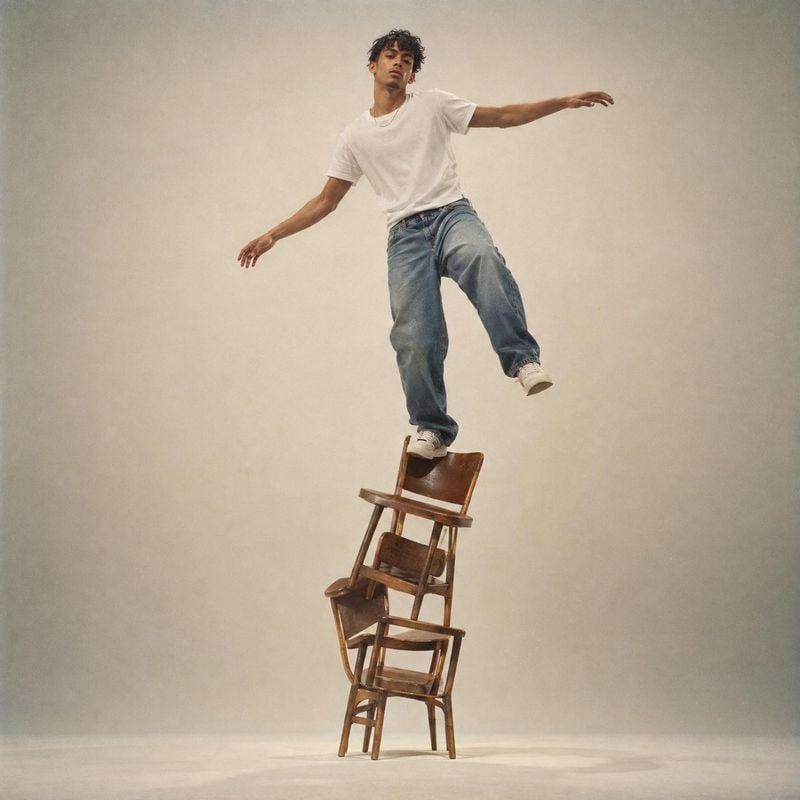 casual outfit action & motion product photo: A young man in a white T-shirt, loose blue jeans and sneakers balances atop a stack of wooden chairs against a sof…