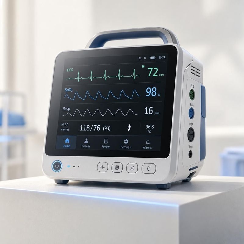 patient monitor personal care product photo: A modern patient monitor displaying vital signs sits on a white pedestal in a bright clinical interior, with soft…