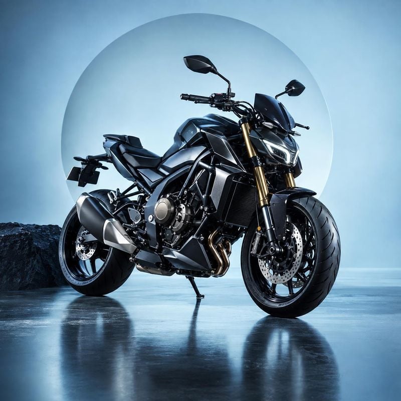 motorcycle vehicle exterior product photo: A black sport motorcycle is presented in a dramatic three-quarter view on a reflective studio floor, with cool blue…