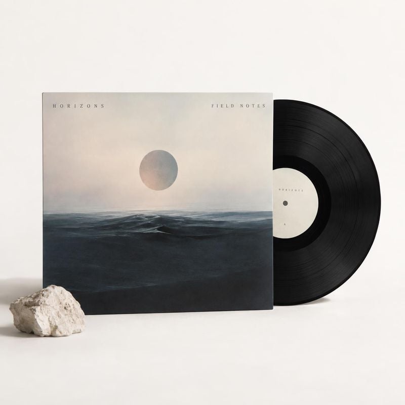 vinyl record and album sleeve book product photo: A black vinyl record peeks from an oceanic album sleeve beside a pale stone prop, photographed against a warm…