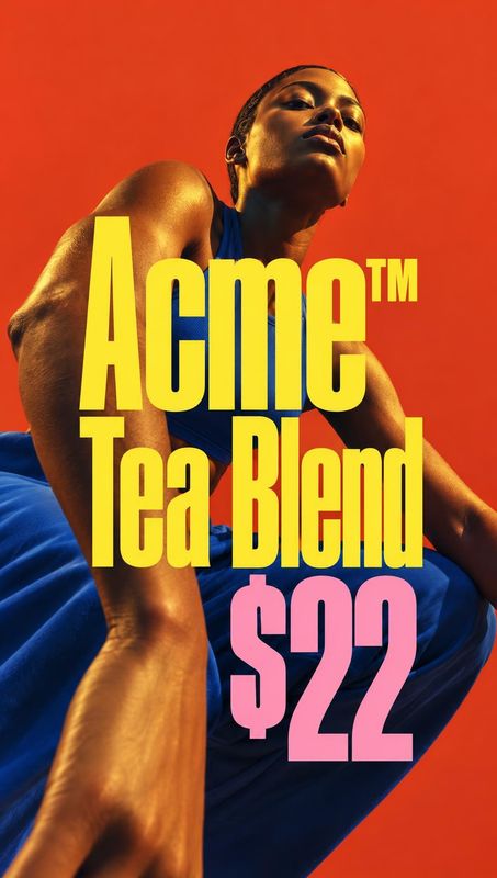 tea blend food and drink product photo: A woman poses in a blue outfit against a vivid orange studio backdrop, with oversized yellow product lettering and a pi…