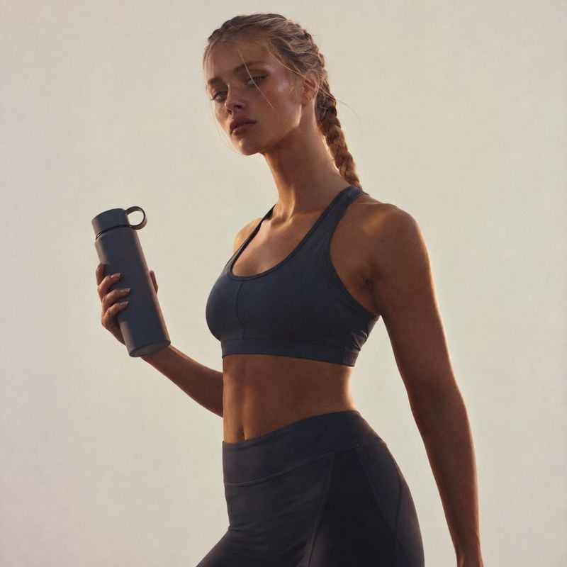women’s activewear set model try-on product photo: A woman in a dark athletic set holds a water bottle against a softly lit neutral studio backdrop, creating a…