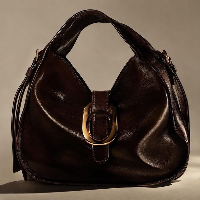 leather handbag fashion product photo: A glossy dark-brown leather handbag with gold-tone hardware is photographed against a warm taupe studio backdrop, with d…