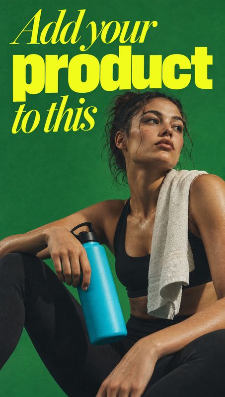 water bottle lifestyle scene product photo: An athletic woman in black workout clothes holds a bright blue water bottle against a vivid green studio backdrop,…