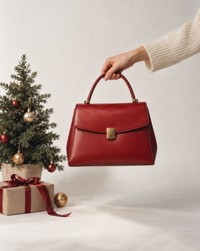 red leather handbag christmas product photo: A hand in a cream knit sleeve holds a structured red handbag beside a decorated Christmas tree and wrapped gift ag…