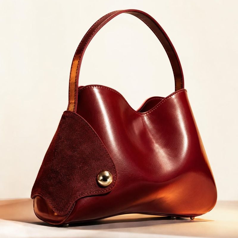 leather handbag jewelry product photo: A sculptural burgundy leather handbag with a suede flap and gold-tone hardware is photographed alone against a warm crea…