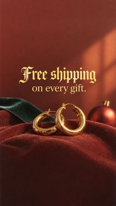 gold hoop earrings christmas product photo: Gold hoop earrings rest on rich burgundy velvet beneath ornate gold free-shipping typography, with a red ornament a…