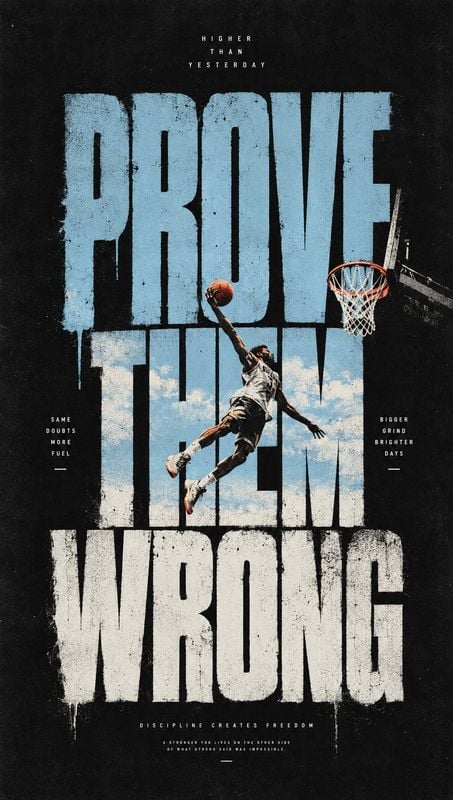 action & motion product photo: A dramatic basketball player leaps toward the hoop against a dark, distressed background, framed by oversized blue and white mot…