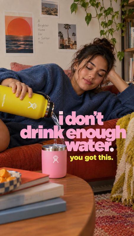 insulated water bottles lifestyle scene product photo: A woman lounging on a sofa pours from a bright yellow insulated bottle beside a pink tumbler, with bold…
