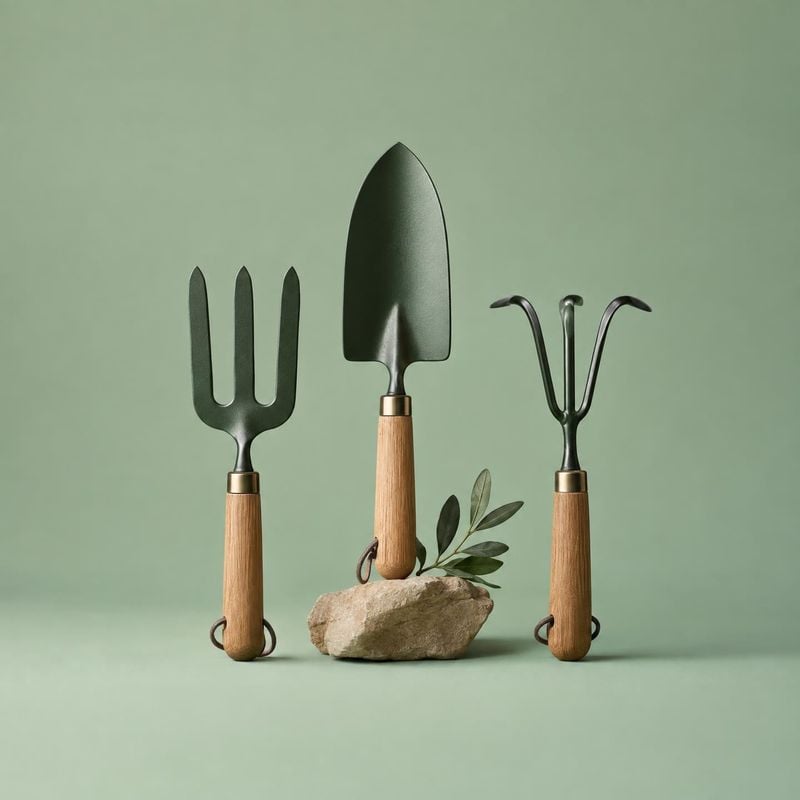 garden hand tools group lineup product photo: Three dark metal garden hand tools with warm wooden handles stand against a muted sage-green studio backdrop, sty…