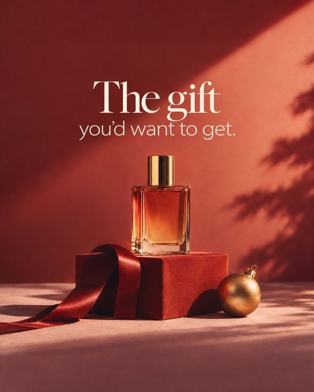 perfume christmas product photo: A glass perfume bottle sits atop a red gift box with ribbon and a gold ornament against a warm terracotta backdrop, while bold…