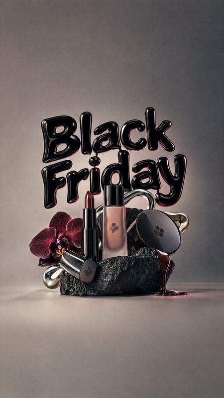 beauty cosmetics set group lineup product photo: A curated assortment of beauty products, a dark orchid, and glossy sculptural “Black Friday” lettering sit aga…
