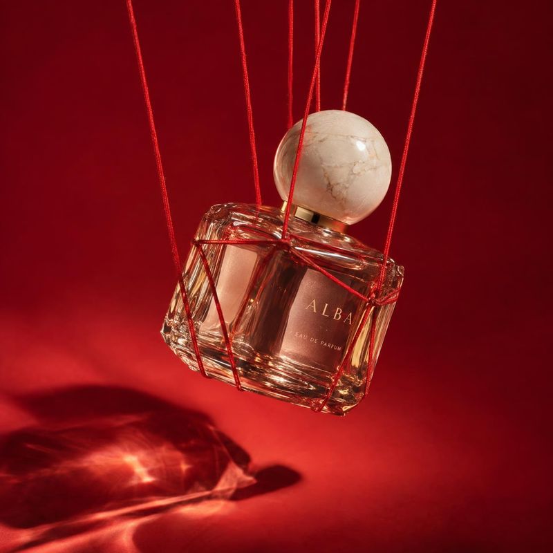 perfume floating product product photo: A faceted glass perfume bottle with a marble-like cap hangs on red threads against a saturated red studio backdrop, lit…