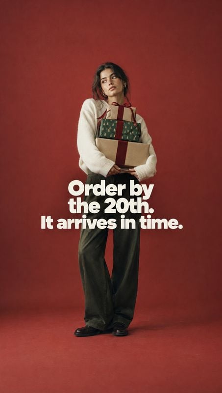gift-wrapped boxes christmas product photo: A woman in a cozy cream sweater and dark trousers holds wrapped gifts against a red studio backdrop, with bold whit…
