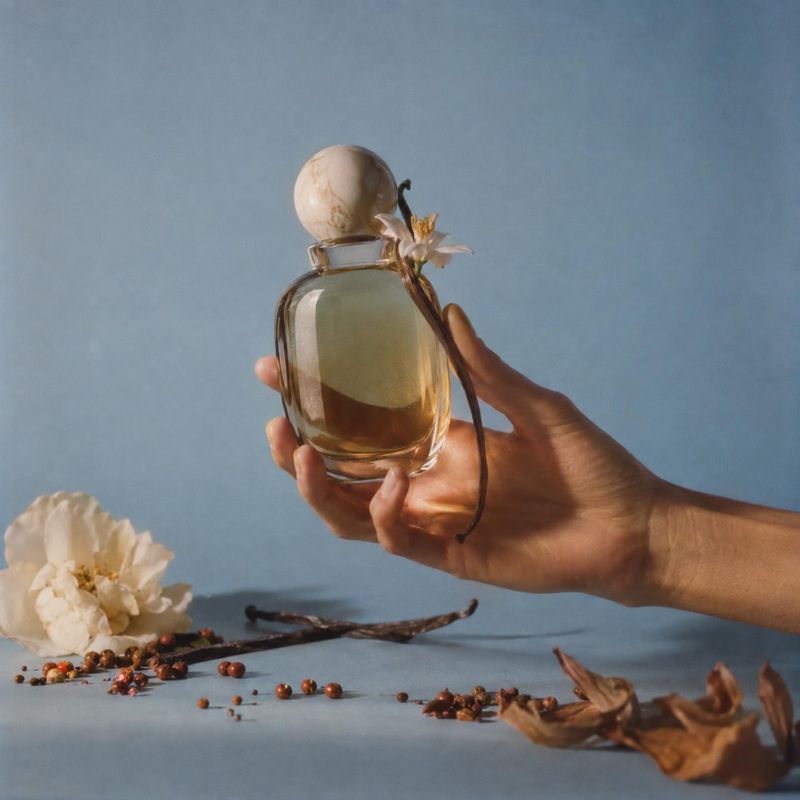 perfume product in hand product photo: A hand presents a clear perfume bottle adorned with a flower and dark botanical accents against a soft blue backdrop, wi…