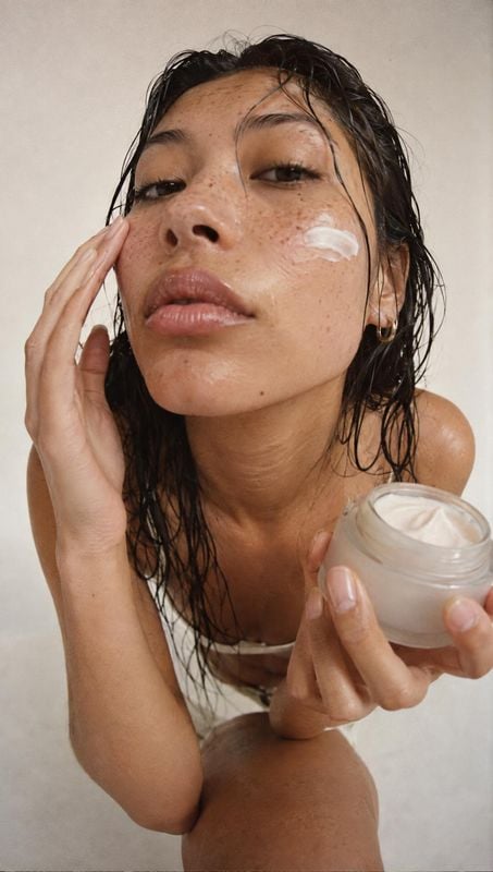 face cream beauty close-up product photo: A close-up beauty portrait shows a woman with wet hair applying face cream while holding an open jar, against a softl…