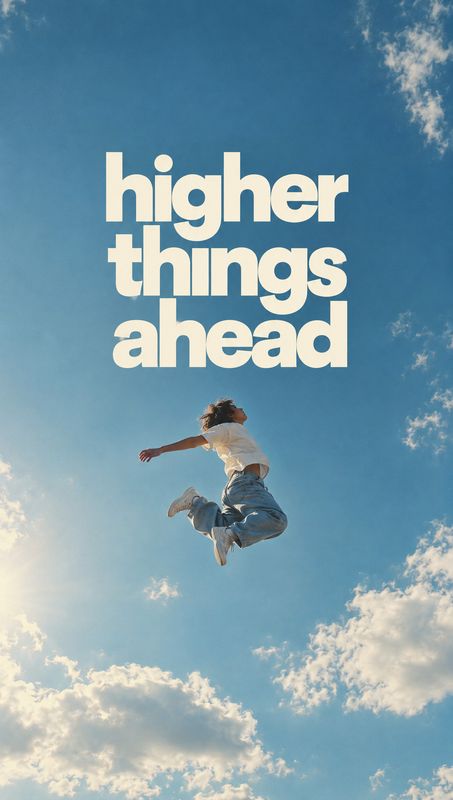 action & motion product photo: A person in a white top and blue jeans leaps against a bright blue sky, beneath bold cream typography, creating an uplifting and…